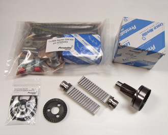 A selection of spare parts for Prestolite & Lucas Bryce hydraulic starter systems:
Clockwise from top left: Starter repair kit p/n 47920253 for B50G53 & B50G52 starter units, Pressure gauge kit p/n 6518-28 for 6518-13 & 6518-35 hand pumps, B35 starter unit pinion p/n 527/6, B35 starter racks p/n 527/4, Seal kit p/n 6518-27 & 6518-39 for 6518-13 & 6518-35 hand pumps